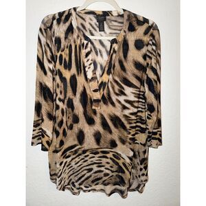 Chico's Travelers Leopard Animal Print V-Neck 3/4 Sleeve Top Size 2 Petite